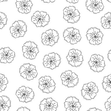 Çiçek ikonu gelinciğinin kusursuz deseni. Düğün, doğum günü, balon, tişört, not defteri, yastık için el fırçası, tebrik kartı ya da parmak izi. Düz dizayn, ince çizgi biçimi.