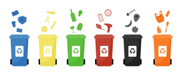 ゴミ缶ベクトルフラットイラスト。ゴミの分別生態系とリサイクルの概念。白い背景に隔離されたカラフルなリサイクルゴミ箱. — ストックベクタ