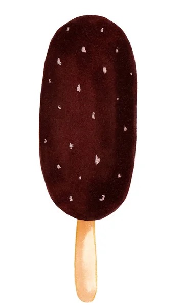 Jégkrém csokoládé mázban dióval egy pálcikán vanília ízzel elszigetelt fehér háttérrel. Kézzel rajzolt reális illusztráció. Aranyos stílus a termék tervezéséhez. Édes desszert.. — Stock Fotó