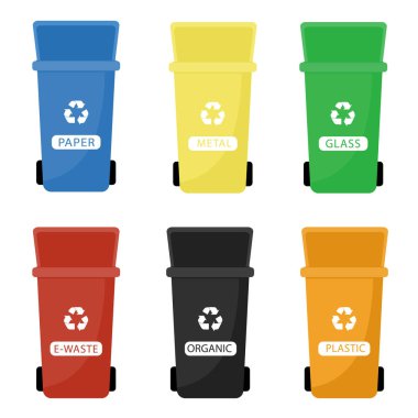 Çöp tenekeleri düz çizimler sunar. Çöpleri ayıklıyorum. Ekoloji ve geri dönüşüm konsepti. Beyaz arkaplanda izole edilmiş renkli geri dönüşüm çöp kutuları.