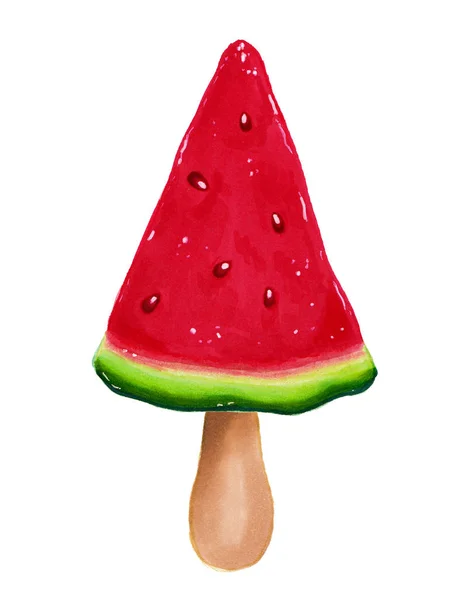 Watermelon ice cream on a stick isolated on white background. Hand drawn realistic illustration. Cute style for product design. Sweetie dessert. — Stock Photo, Image