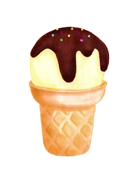 Crème glacée dans le cône de gaufre avec glaçage au chocolat et garniture isolée sur fond blanc. Illustration réaliste dessinée main. Style mignon pour la conception de produits. Dessert chéri . — Photo