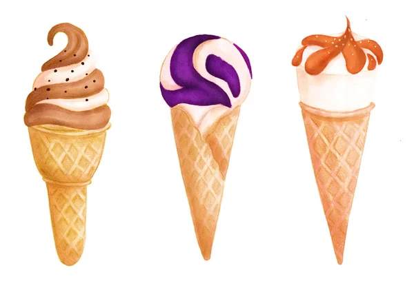 Set of ice cream in the waffle cone with vanilla, caramel and blueberry jam taste isolated on white background. Hand drawn realistic illustration. Cute style for product design. Sweetie dessert. — Stock Photo, Image