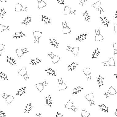 Elle çizilmiş taç ve elbiseyle kusursuz bir desen. Kumaş ve ambalaj kağıdı için dekoratif karalama öğesi. Güzel kızlar için güzellik makyajı yap. Beyaz arkaplanda izole edilmiş vektör illüstrasyonu.