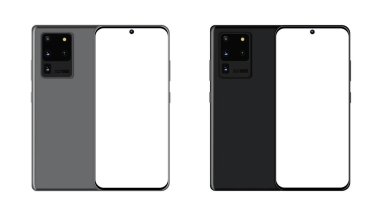 Ön ve arka taraf yeni model SAMSUNG Galaksi S20 Ultra akıllı telefon. Vektör illüstrasyonu.