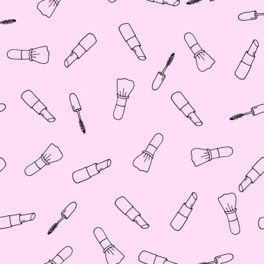 Seamless pattern with hand drawn lipstick and brush. Decorative doodle element for fabric and wrapping paper. Set beauty makeup for cute girls. Vector illustration isolated on a pink background.