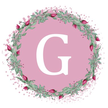 White letter G on a pink background. Handwritten script of the brush. Modern Matte Lettering. The design of the pillows. Wedding card with the first letters of the name.