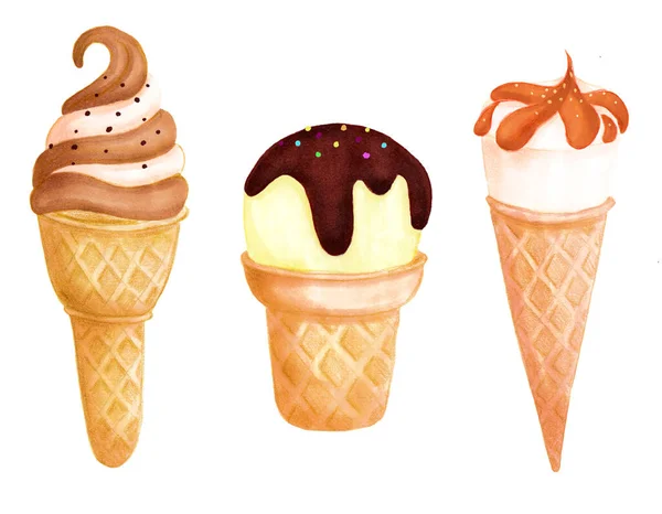 Set di gelato nel cono waffle con vaniglia, caramello e cioccolato gusto isolato su sfondo bianco. Illustrazione realistica disegnata a mano. Stile carino per il design del prodotto. Dolce dolce . — Foto Stock