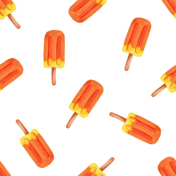 Seamless pattern of asty colored fruit ice on a stick isolated on white background. Hand drawn realistic ice cream illustration. Cute style for product design. Sweetie ice lolly dessert. — Stock Photo, Image