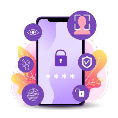 Biometrical kimliği. Yüz tanıma sistemi kavramı. Hareket eden app için yüz tanıma. Asyalı kadın. Vektör çizim.