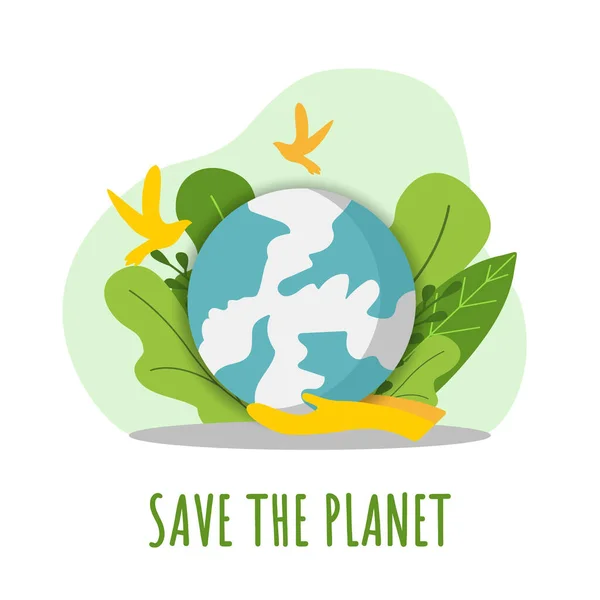 地球を救え。自然の要素とフラットデザイン生態学の概念。母なる大地の日. — ストックベクタ