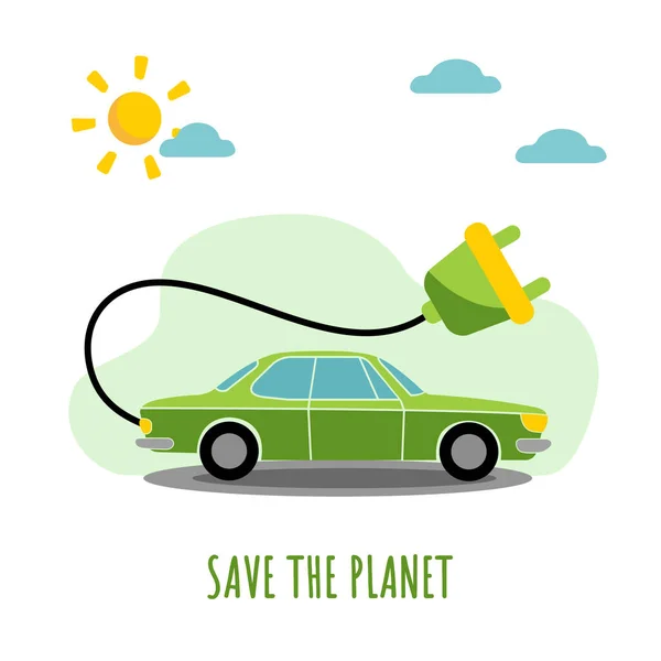 Elektroauto. Rettet den Planeten. Flaches Design-Ökologiekonzept mit natürlichen Elementen. Muttertag. Grüne Energie. — Stockvektor