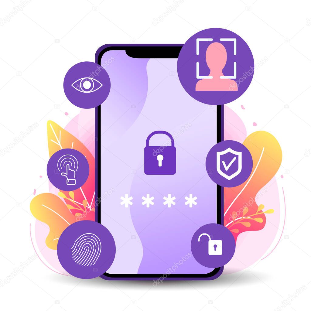 Biometrical identification. Facial recognition system concept. Mobile app for face recognition. Asian woman. Vector illustration.