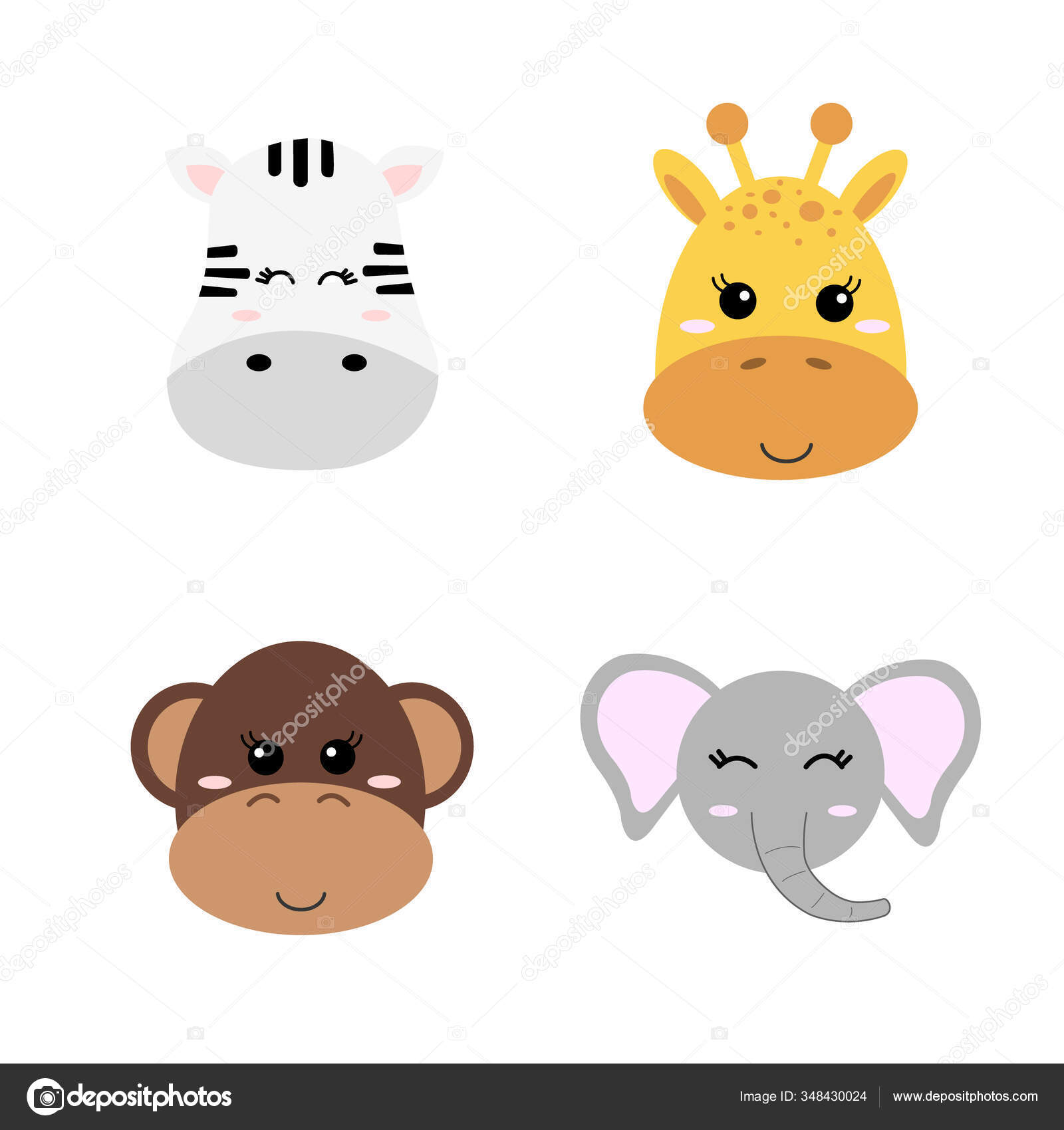 Set of cute hand drawn smiling animals - giraffe, elephant, zebra and  monkey. Cartoon zoo. Vector illustration. Animals for the design of  childrens products in scandinavian style. Stock Vector Image by ©Keron #