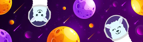 Söt tecknad lama i rymden med måne och stjärnor. Vektor illustration alpacka i rymden. Galaxbakgrund. Begreppet web banner. — Stock vektor