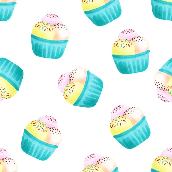 Nahtloses Muster von Eiskugeln in einer blauen Tasse mit Streusel und Schokoladenstücken auf weißem Hintergrund. Handgezeichnete realistische Illustration. Netter Stil für Produktdesign. Süßes Dessert. — Stockfoto