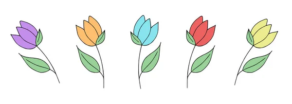 Zestaw ikony kwiatu doodle tulipan. Ręcznie rysowany element linii szczotki na ślub, urodziny, kartki okolicznościowe lub nadruk na balonie, koszulki, notatnik, poduszki. Konstrukcja płaska, cienka linia. — Wektor stockowy