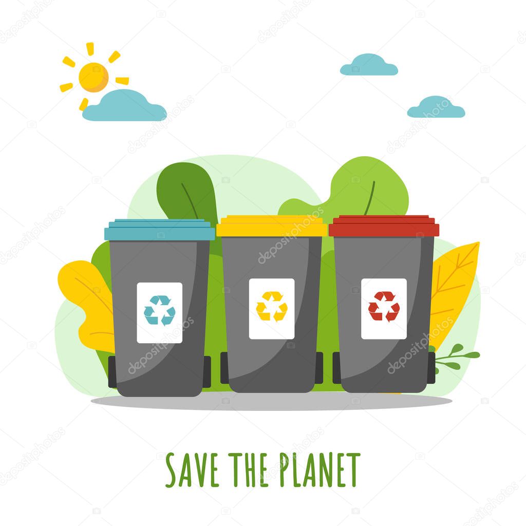 Ecology and waste sorting. Save the planet. Flat design ecology concept with natural elements. Mother earth day. Green energy.
