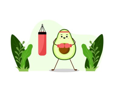 Kırmızı kum torbasıyla boksör avokadosu. Beyaz arkaplanda Avokado karakter tasarımı. Modern düz spor illüstrasyonu. Tebrik kartları, çıkartmalar, kumaşlar, web siteleri ve baskılar için sevimli tasarım.