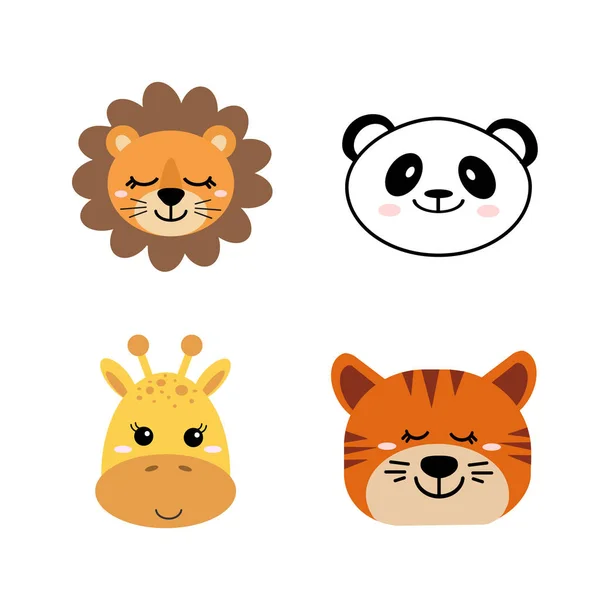 Conjunto de animais sorridentes desenhados à mão bonitos girafa, leão, panda e tigre. Jardim zoológico dos desenhos animados. Ilustração vetorial. Animais para o design de produtos infantis em estilo escandinavo . —  Vetores de Stock