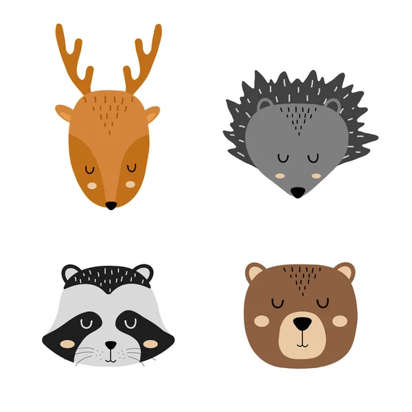 Conjunto de lindos animales de slleping dibujados a mano ciervos, erizo, mapache y oso. Zoológico de dibujos animados. Ilustración vectorial. Animales para el diseño de productos infantiles en estilo escandinavo . — Vector de stock