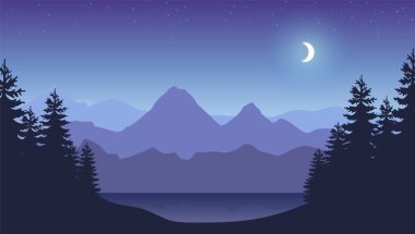 Mountains night background. Smokey rocky panorama with mountains and pine tree forest silhouettes. clipart