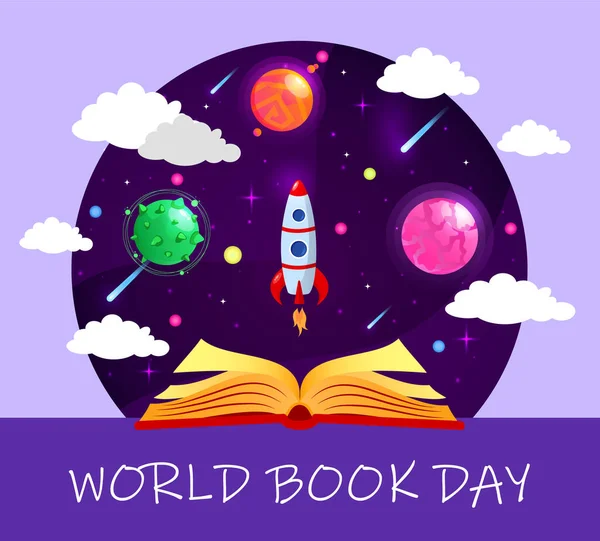 Día Mundial del Libro. Vuela con el libro. El libro y el cohete en el espacio con fondo púrpura. Educación y concepto creativo . — Archivo Imágenes Vectoriales