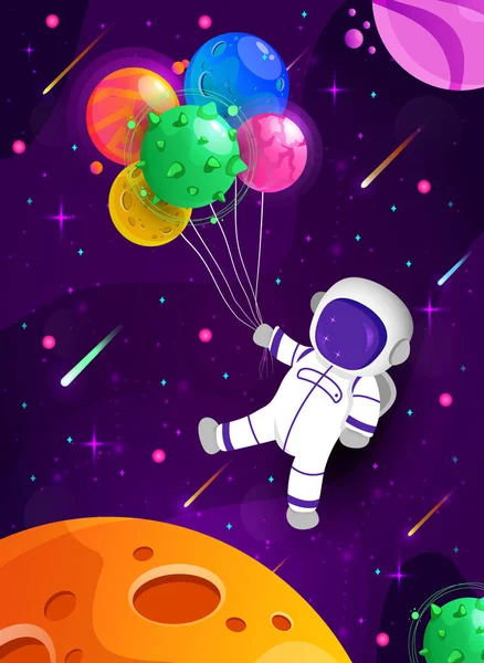 Cute astronaut cartoon floating with balloon planet in space background. Happy birthday postcard. Colorful universe. Game design. Fantasy space planets for ui galaxy game. EPS 10. — Stock Vector