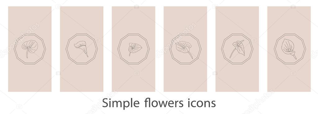 Highlights Stories Covers for popular social media. Perfect for bloggers. Set of hand drawn signs. Doodle flowers simple vector icons. Vector Graphics