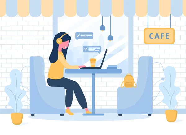 Les femmes freelance. Fille avec un ordinateur portable dans un casque assis à une table dans Café. Illustration conceptuelle pour l'étude, l'éducation, le travail à domicile, un mode de vie sain. Illustration vectorielle en style plat . — Image vectorielle