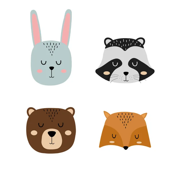 Set of cute hand drawn slleping animals - hare, raccoon, bear and fox. Cartoon zoo. Vector illustration. Animals for the design of childrens products in scandinavian style. — Stock Vector