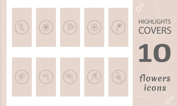 Highlights Stories Covers for popular social media. Perfect for bloggers. Set of hand drawn signs. Doodle flowers simple vector icons. Stock Illustration