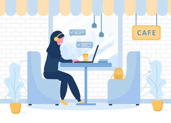 Mujeres freelance. Chica árabe en hijab con portátil en auriculares sentados en una mesa en Café. Ilustración conceptual para trabajar al aire libre, estudiar, comunicarse, estilo de vida saludable. Estilo plano . — Archivo Imágenes Vectoriales