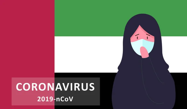 Coronavirus i Förenade Arabemiraten. Novel coronavirus 2019-nCoV, arabisk kvinna i vit ansiktsmask och hijab. Begreppet karantän för coronavirus. — Stock vektor