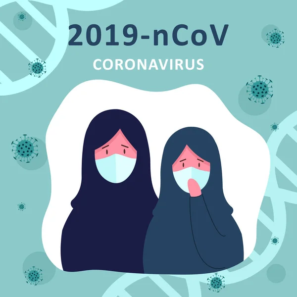 Coronavirus 2019-nCoV. Donne arabe in maschera medica bianca e hijab. Concetto di progettazione per la protezione contro una pandemia virale. Illustrazione vettoriale piatto . — Vettoriale Stock