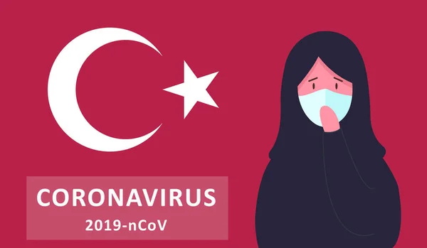 Coronavirus i Turkiet. Novel coronavirus 2019-nCoV, arabisk kvinna i vit ansiktsmask och hijab. Begreppet karantän för coronavirus. — Stock vektor