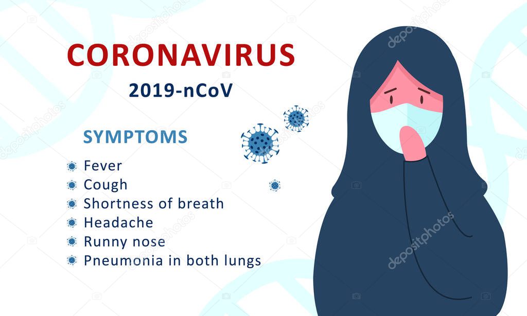 Coronavirus 2019-nCoV infographic symptoms. Arabic woman in white medical face mask and hijab. Design concept for protection against a viral pandemic. Flat vector illustration.