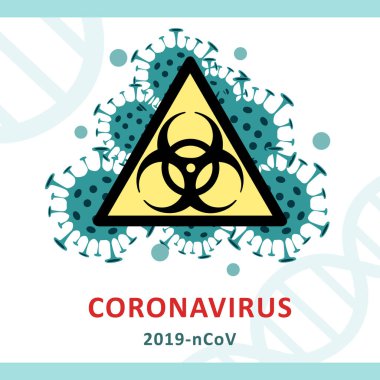Biyolojik tehlikeleri imzala. Koronavirüsü durdurun. Coronavirüs salgını. Coronavirus tehlikesi ve halk sağlığı risk hastalığı ve grip salgını. Tehlikeli hücrelerle salgın hastalık konsepti. Vektör çizimi.