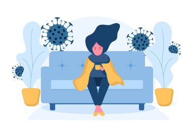 Coronavirus 2019-ncov geçmişi. Türbanlı ve tıbbi maskeli Arap kadın bir kanepede oturuyor..
