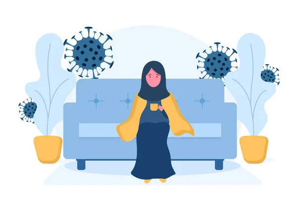 Koronavirus 2019-ncov pozadí. Arabská žena v hidžábu a lékařská maska obličeje sedí na pohovce. — Stockový vektor