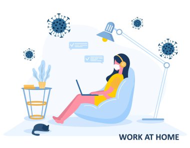 Pandemik koronavirüs. Evden çalışıyorum. Beyaz tıbbi maskeli kadın. Virüs salgınına karşı korunmak için tasarlanmış bir tasarım. Düz vektör illüstrasyonu.