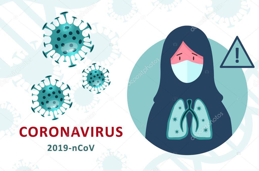 Coronavirus 2019-nCoV infographic symptoms. Arabic woman in white medical face mask and hijab. Design concept for protection against a viral pandemic. Flat vector illustration.