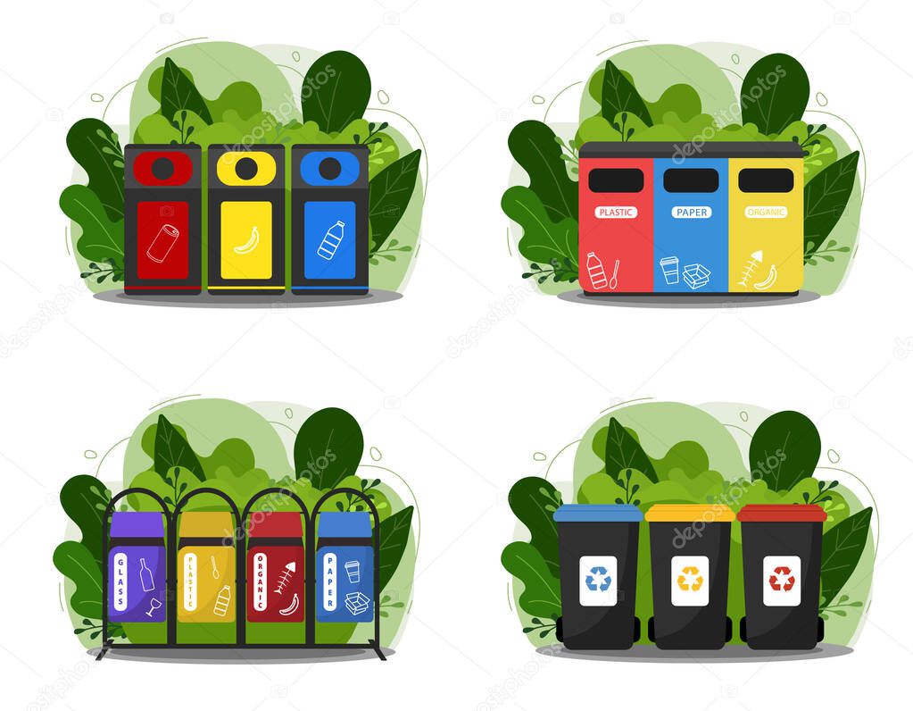 Garbage cans vector flat illustrations. Sorting garbage. Ecology and recycle concept. Colorful recycle trash bins on modern flat green background.