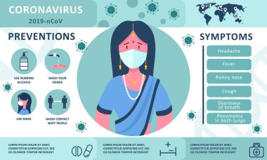 Coronavirus 2019-nCoV bilgileri: semptomlar ve önleme ipuçları. Beyaz tıbbi maske ve sari takan Hintli kadın..