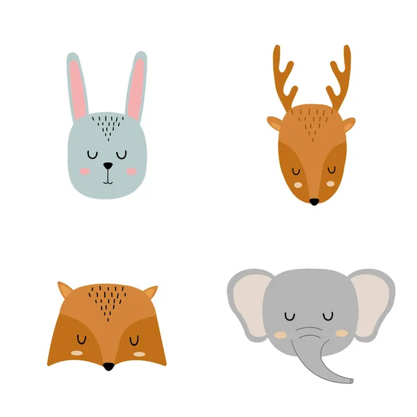 Set of cute hand drawn slleping animals - hare, deer, fox and elephant. Cartoon zoo. Vector illustration. Animals for the design of childrens products in scandinavian style. — Stock Vector