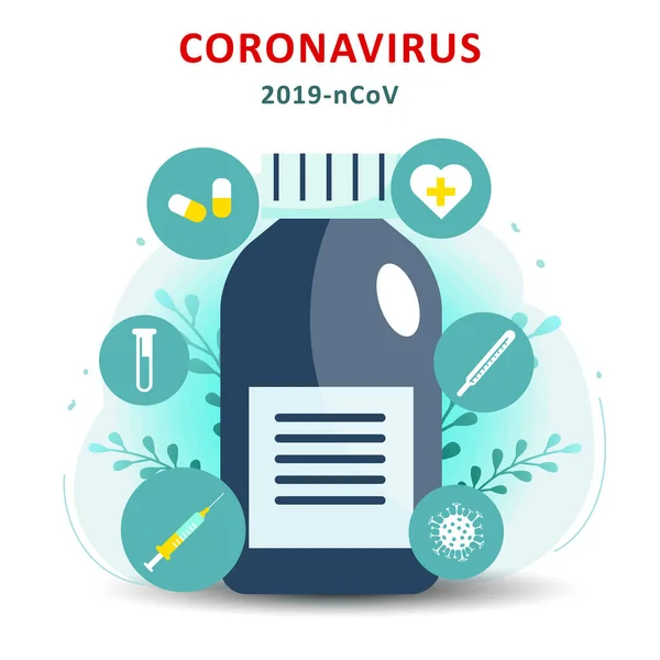 Vektorillustration av coronavirus vaccin. Slut på nytt koronavirus. 2019-ncov vaccin medicin. Injektionsspruta med koronavirus. — Stock vektor