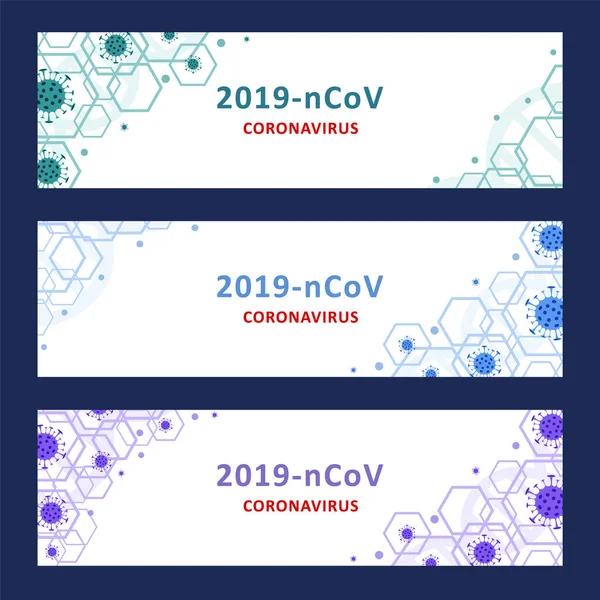 Novel Coronavirus 2019-nCoV. Wuhan virussjukdom, virusinfektion. Uppsättning Web banner med celler Corona virus. Linjär konturstil. Vektorillustration. — Stock vektor