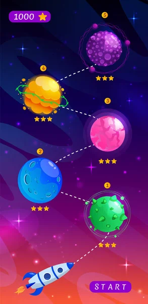 Grafiskt användargränssnitt för rymdäventyr spel. Mobil mall för barns brädspel. vektor bakgrund med rolig raket och söta planeter. — Stock vektor
