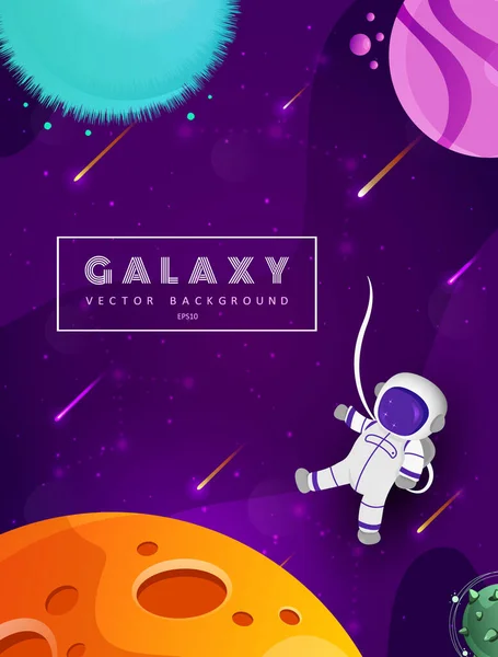 Söt astronaut tecknad flyter med planeten i rymden bakgrund. Ett färgstarkt universum. Speldesign. Fantasy utrymme planeter för ui galax spel. EPS 10. — Stock vektor