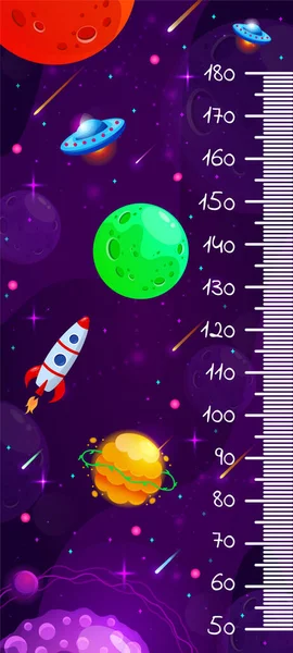 Barn utrymme höjd diagram, kosmisk vägg meter med tecknad fantasi planeter och raket. Vektormall. — Stock vektor